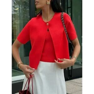 Zara Red Cardigan Sweater with Gold Turn-lock Button - Size S - Like New